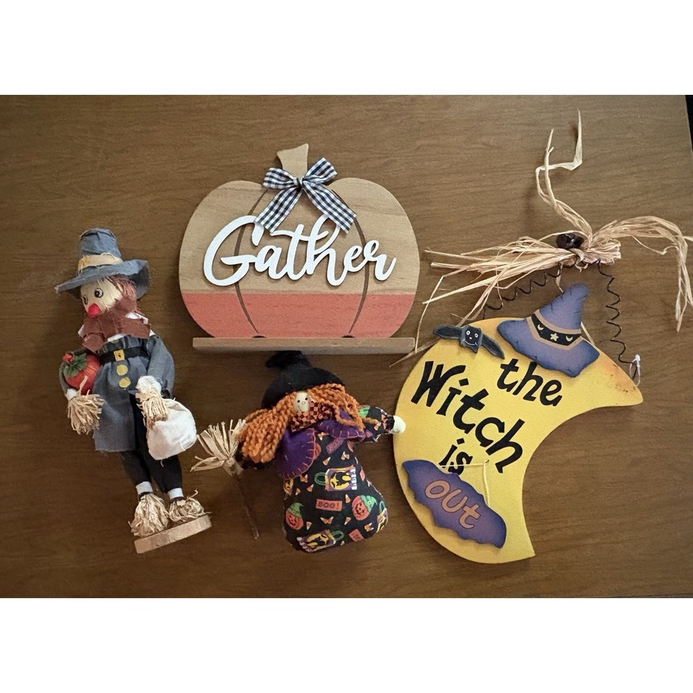 Halloween & Thanksgiving Decor Lot Witch, Pumpkin, Scarecrow Pilgrim,‎ Sign